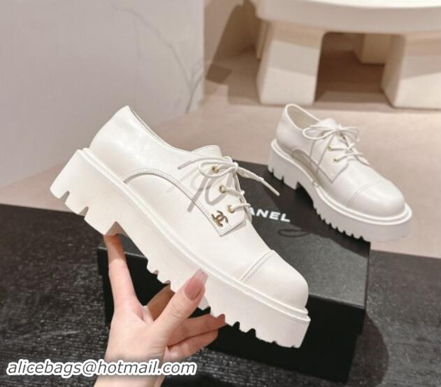 Shop Duplicate Chanel Calfskin Lace-up Shoes White 910065