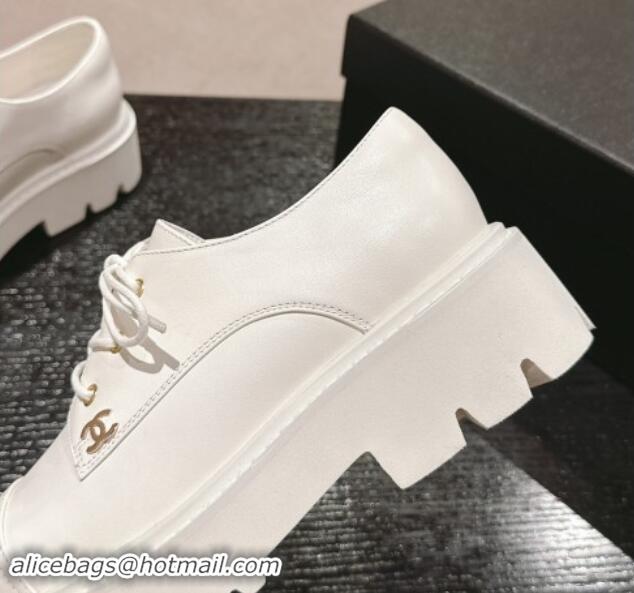 Shop Duplicate Chanel Calfskin Lace-up Shoes White 910065