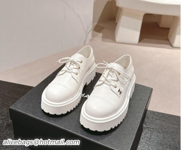 Shop Duplicate Chanel Calfskin Lace-up Shoes White 910065