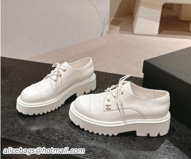 Shop Duplicate Chanel Calfskin Lace-up Shoes White 910065