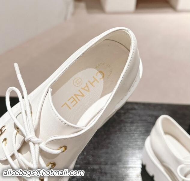 Shop Duplicate Chanel Calfskin Lace-up Shoes White 910065