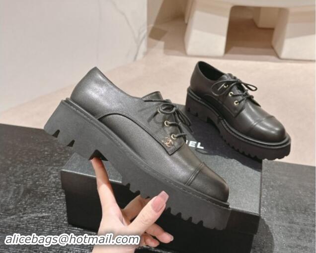 Buy Luxury Chanel Calfskin Lace-up Shoes Black 910067