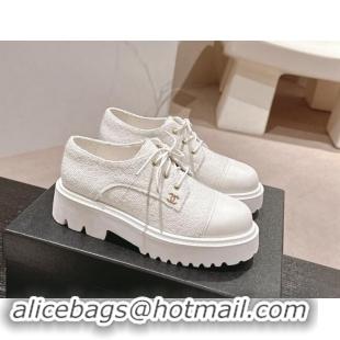 AAAAA Chanel Tweed Lace-up Shoes White 910068