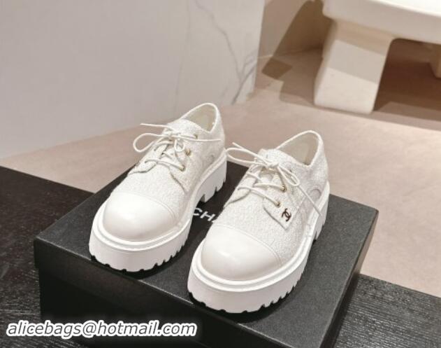 AAAAA Chanel Tweed Lace-up Shoes White 910068