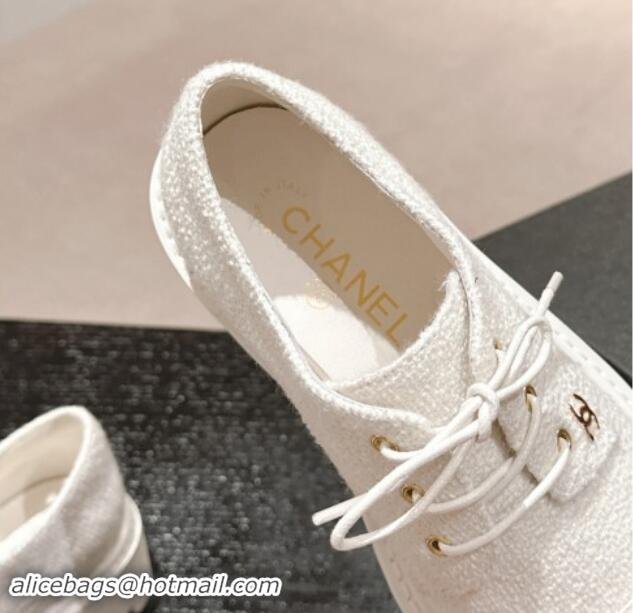 AAAAA Chanel Tweed Lace-up Shoes White 910068