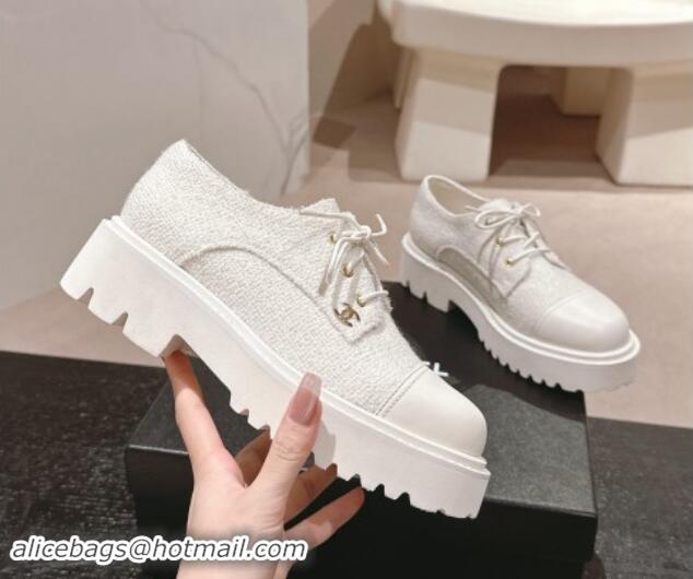 AAAAA Chanel Tweed Lace-up Shoes White 910068