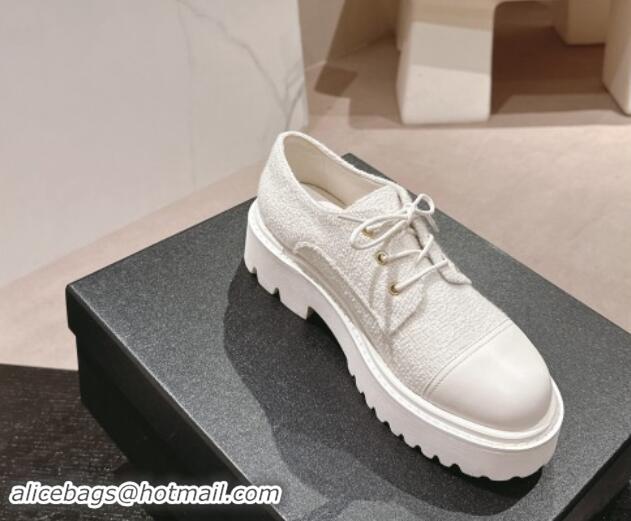 AAAAA Chanel Tweed Lace-up Shoes White 910068