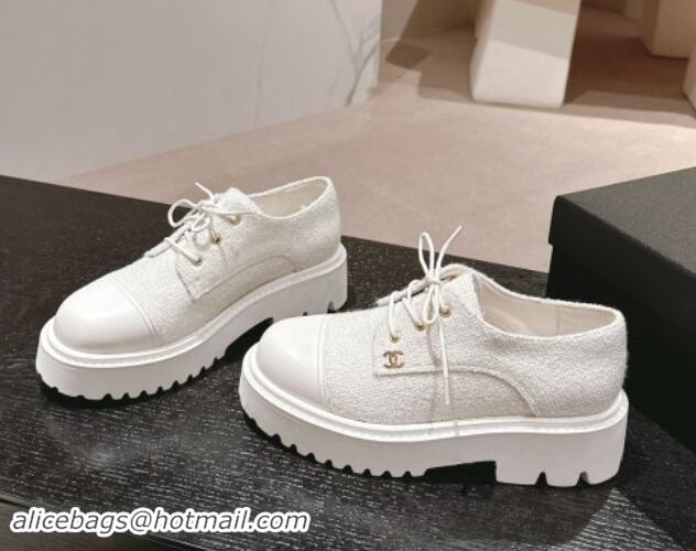 AAAAA Chanel Tweed Lace-up Shoes White 910068