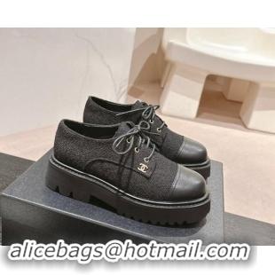 Top Quality Chanel Tweed Lace-up Shoes Black 910069