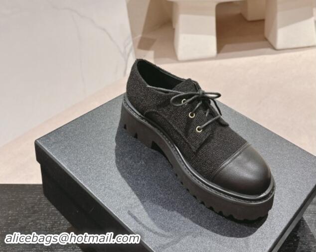 Top Quality Chanel Tweed Lace-up Shoes Black 910069