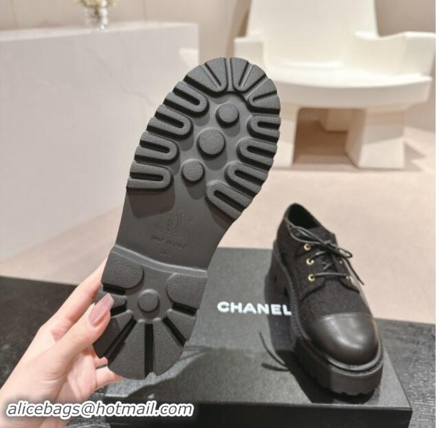 Top Quality Chanel Tweed Lace-up Shoes Black 910069