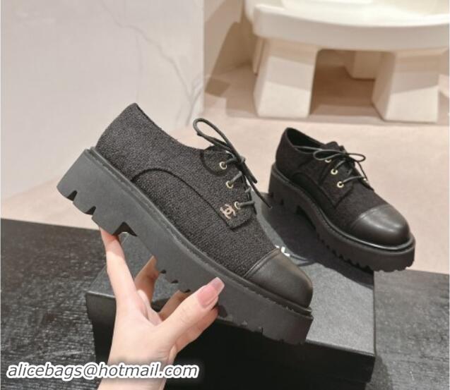 Top Quality Chanel Tweed Lace-up Shoes Black 910069