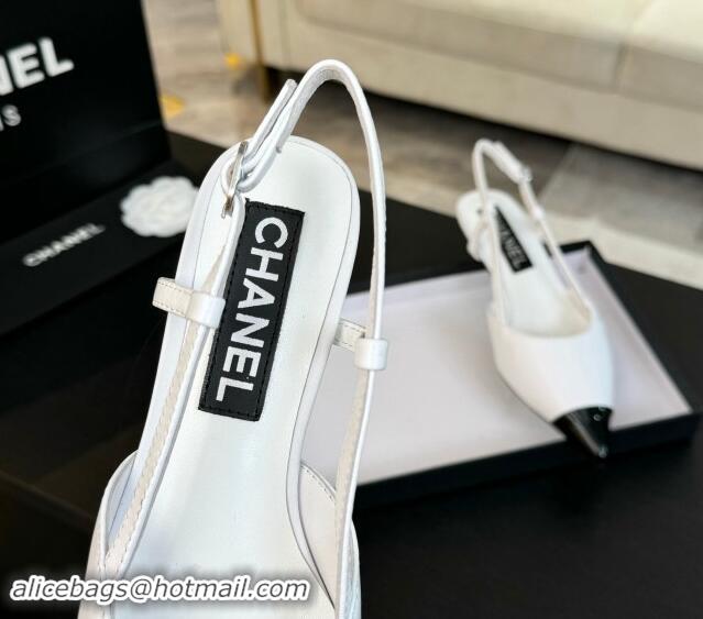 Most Popular Chanel Calfskin Leather Pointed Slingback Pumps 3.5cm White 910070