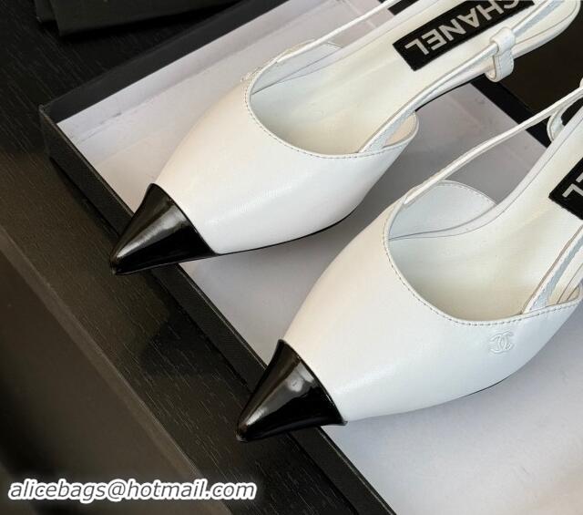 Most Popular Chanel Calfskin Leather Pointed Slingback Pumps 3.5cm White 910070