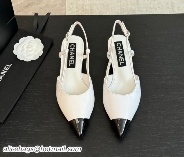 Most Popular Chanel Calfskin Leather Pointed Slingback Pumps 3.5cm White 910070