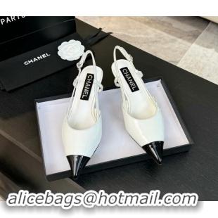 Super Quality Chanel Patent Calfskin Pointed Slingback Pumps 3.5cm White 910071