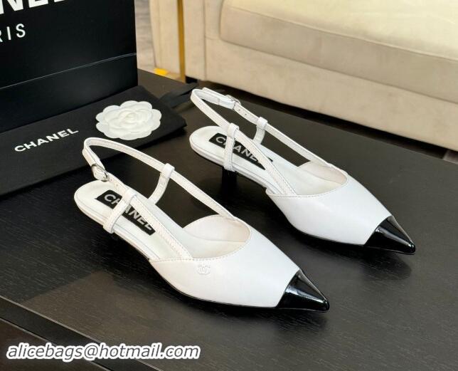 Super Quality Chanel Patent Calfskin Pointed Slingback Pumps 3.5cm White 910071