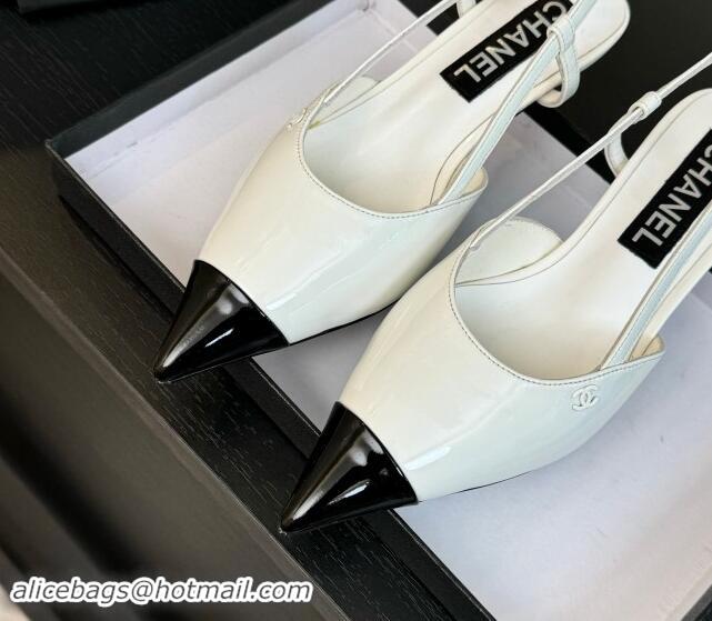 Super Quality Chanel Patent Calfskin Pointed Slingback Pumps 3.5cm White 910071