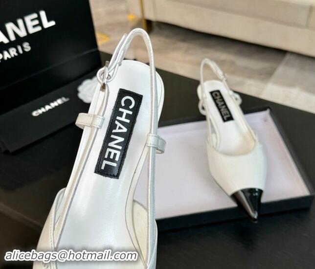 Super Quality Chanel Patent Calfskin Pointed Slingback Pumps 3.5cm White 910071