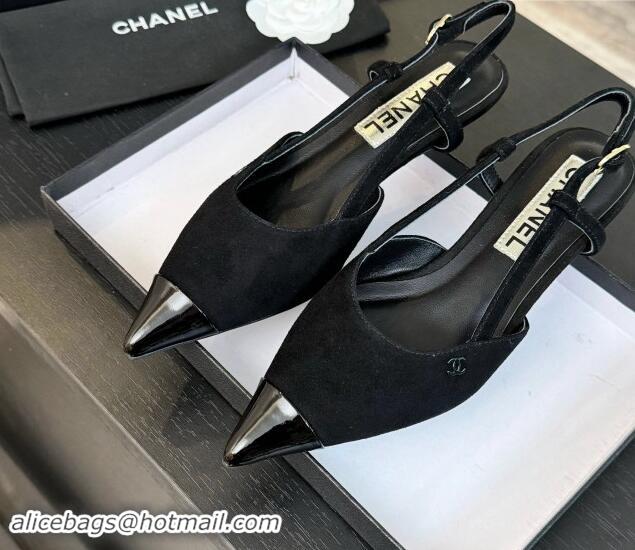 Duplicate Chanel Suede Pointed Slingback Pumps 3.5cm Black 910072