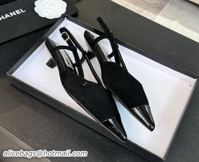 Duplicate Chanel Suede Pointed Slingback Pumps 3.5cm Black 910072