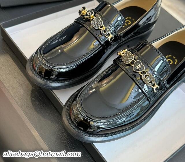 Best Price Chanel Patent Leather Loafers with Heart Charm Black 910075