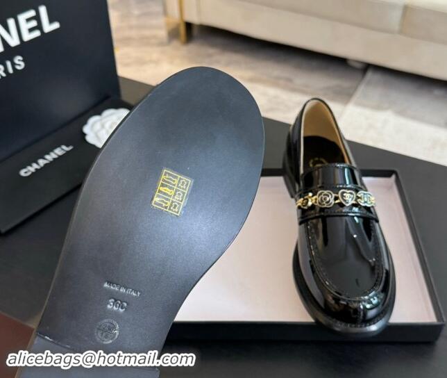 Best Price Chanel Patent Leather Loafers with Heart Charm Black 910075