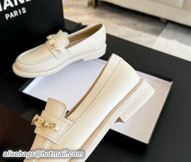 Sophisticated Chanel Calfskin Loafers with Heart Charm Ivory White 910076