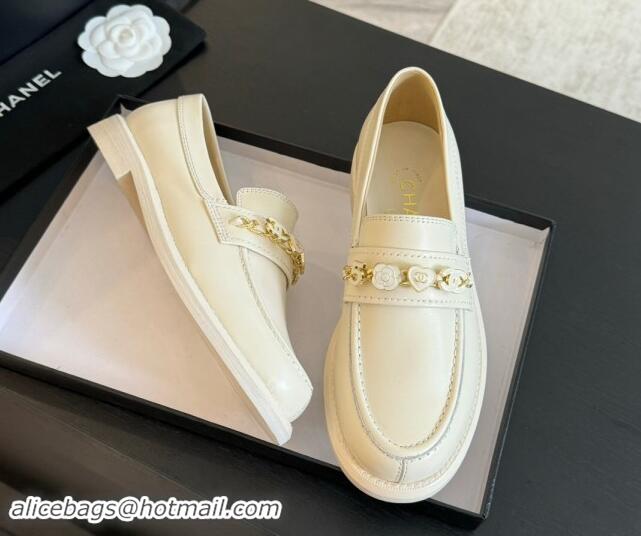 Sophisticated Chanel Calfskin Loafers with Heart Charm Ivory White 910076