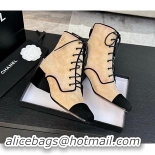 Stylish Chanel Suede Heel Lace-up Ankle Boots Beige 910077