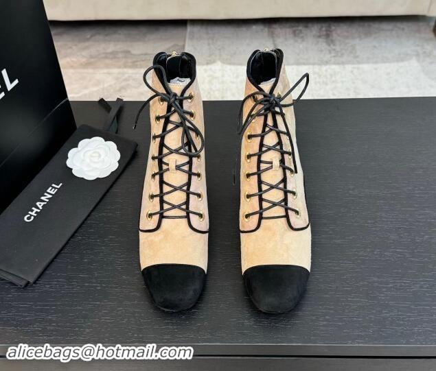 Stylish Chanel Suede Heel Lace-up Ankle Boots Beige 910077