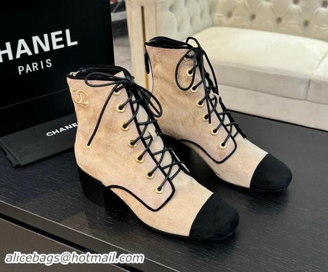 Stylish Chanel Suede Heel Lace-up Ankle Boots Beige 910077