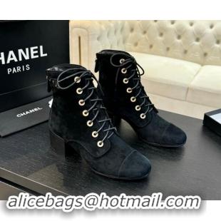 Super Quality Chanel Suede Heel Lace-up Ankle Boots Black 910078