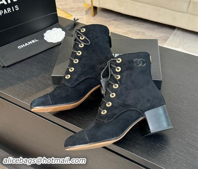 Super Quality Chanel Suede Heel Lace-up Ankle Boots Black 910078