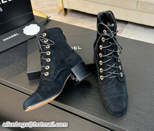 Super Quality Chanel Suede Heel Lace-up Ankle Boots Black 910078