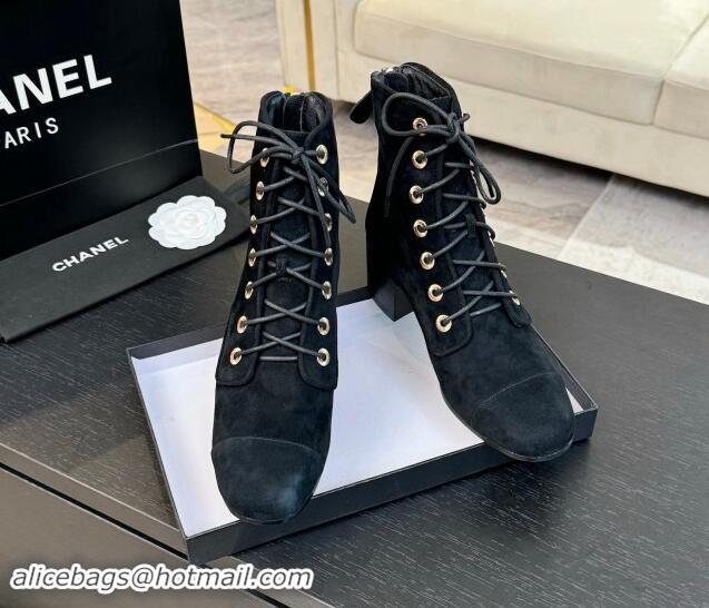 Super Quality Chanel Suede Heel Lace-up Ankle Boots Black 910078