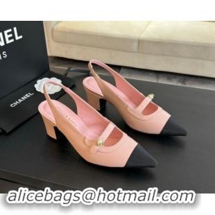 Top Quality Chanel Lambskin Slingback Pumps with Pearl Strap Pink 910080