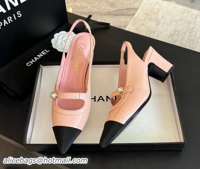 Top Quality Chanel Lambskin Slingback Pumps with Pearl Strap Pink 910080