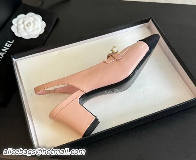 Top Quality Chanel Lambskin Slingback Pumps with Pearl Strap Pink 910080