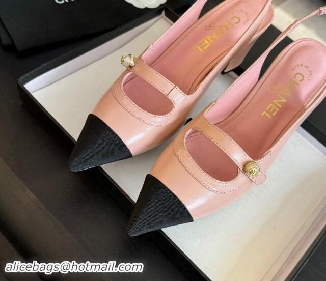 Top Quality Chanel Lambskin Slingback Pumps with Pearl Strap Pink 910080