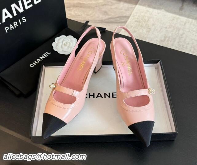 Top Quality Chanel Lambskin Slingback Pumps with Pearl Strap Pink 910080