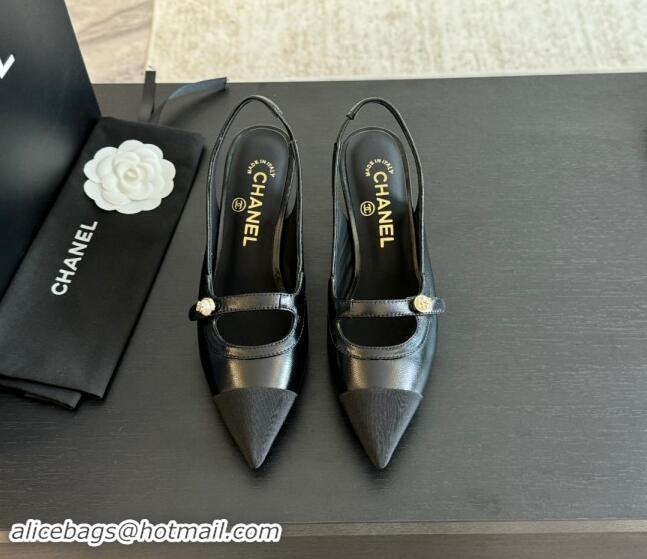 Best Price Chanel Lambskin Slingback Pumps with Pearl Strap Black 910081