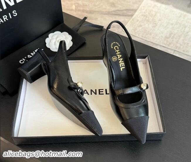 Best Price Chanel Lambskin Slingback Pumps with Pearl Strap Black 910081