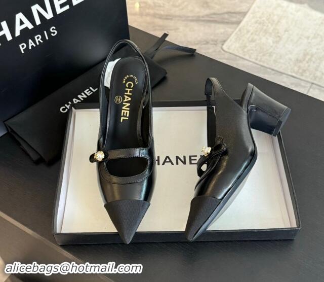 Best Price Chanel Lambskin Slingback Pumps with Pearl Strap Black 910081