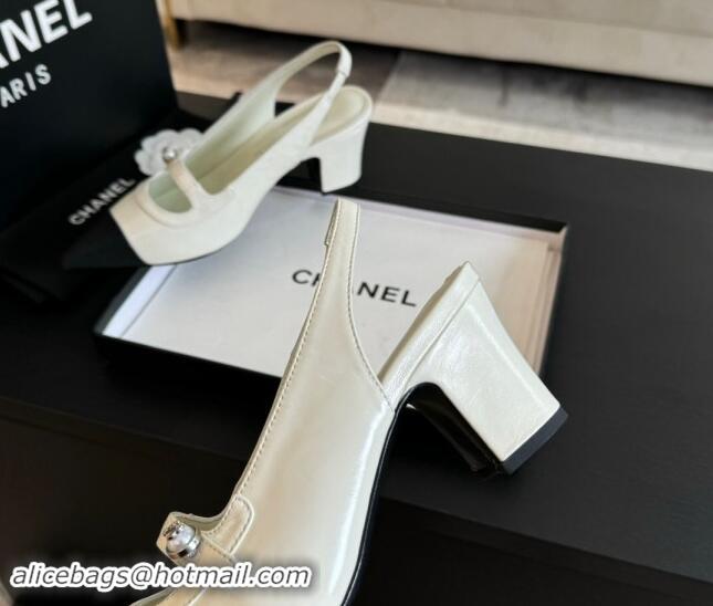 Perfect Chanel Lambskin Slingback Pumps with Pearl Strap White 910082