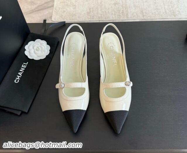 Perfect Chanel Lambskin Slingback Pumps with Pearl Strap White 910082