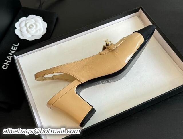 Most Popular Chanel Lambskin Slingback Pumps with Pearl Strap Beige 910083