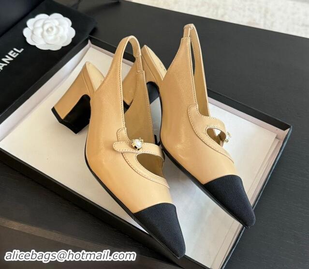 Most Popular Chanel Lambskin Slingback Pumps with Pearl Strap Beige 910083