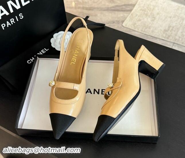 Most Popular Chanel Lambskin Slingback Pumps with Pearl Strap Beige 910083