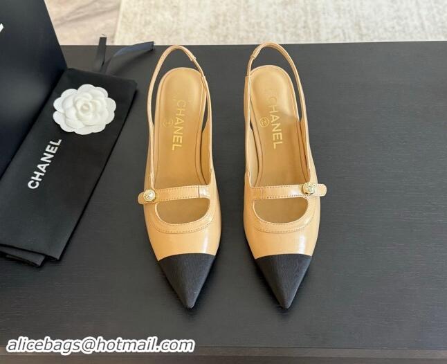 Most Popular Chanel Lambskin Slingback Pumps with Pearl Strap Beige 910083